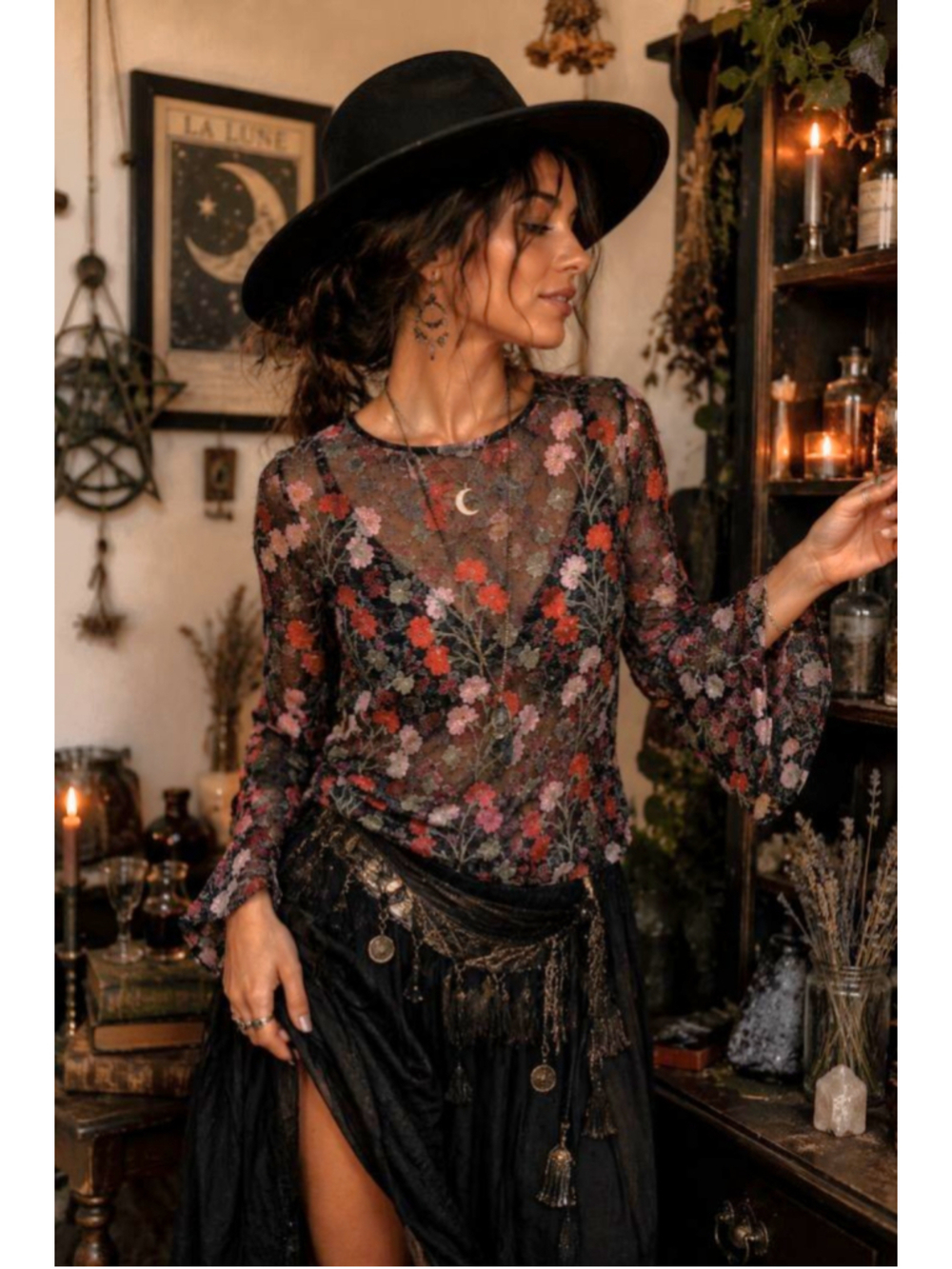 Solitaire Sheer Floral Embroidered Bell Sleeve Tunic Blouse - S/M
